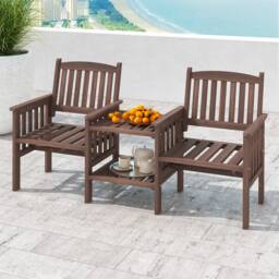 Gymax Outdoor Fir Wood Loveseat with 2-Tier Side Table & 5 cm Umbrella Hole in Brown - thumbnail 3