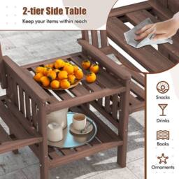 Gymax Outdoor Fir Wood Loveseat with 2-Tier Side Table & 5 cm Umbrella Hole in Brown - thumbnail 5