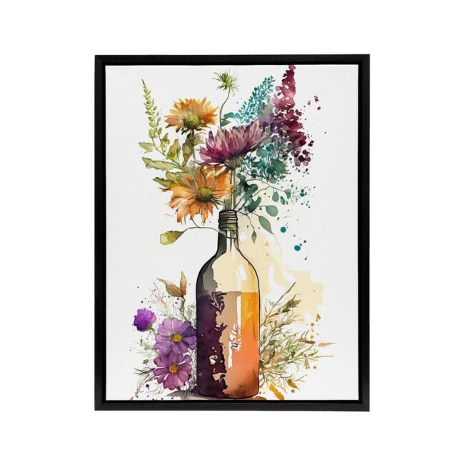 "Artery8 Wildflower Bouquet In Wine Bottle Floral Framed Canvas Wall Art Print - Size: W12"" x H16""" - image 1