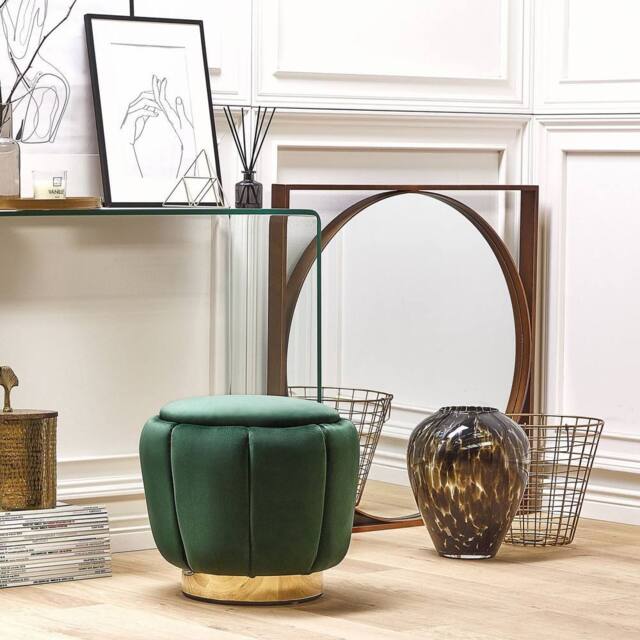 Wyld and Coco Green Velvet Pouffe with Gold Stainless Steel Base 43 x 37 cm - image 1