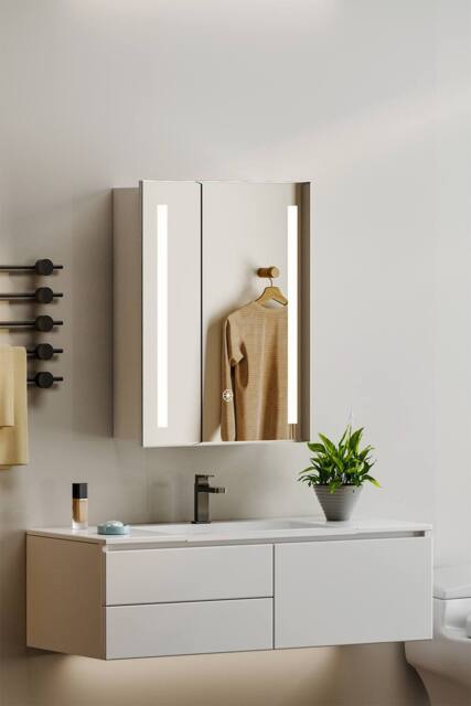 Living and Home 60cm W x 80cm H Bathroom LED Anti-Fog Makeup Mirror Cabinet with Touch Switch in Silver - Size: 60 cm W x 80 cm H - image 1