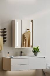 Living and Home 60cm W x 80cm H Bathroom LED Anti-Fog Makeup Mirror Cabinet with Touch Switch in Silver - Size: 60 cm W x 80 cm H - thumbnail 1