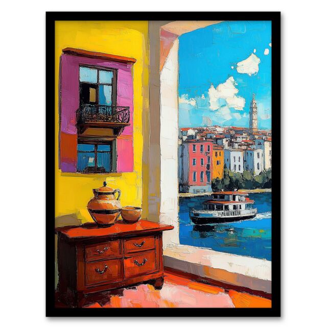 Artery8 Amalfi Coast Coastal City View Boat Italy Summer Framed Art Print - Size: A4 - image 1