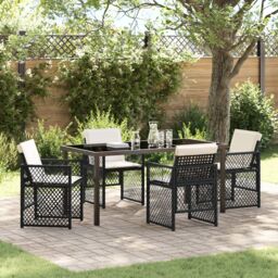 Berkfield Home 5 Piece Garden Dining Set with Cushions Black Poly Rattan - thumbnail 1
