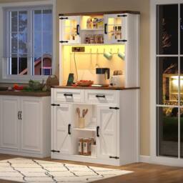 Merax White LED Kitchen Tall Pantry Cabinet with Charging Station - thumbnail 1