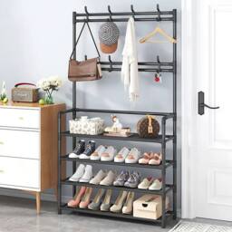 Living and Home Entryway 4 Tier Shoe Rack with Coat Hanger Garment Rack 80cm W in Black - Size: Large - thumbnail 1
