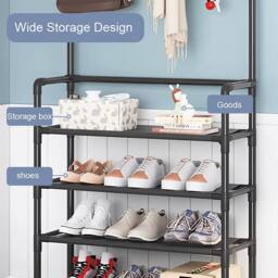 Living and Home Entryway 4 Tier Shoe Rack with Coat Hanger Garment Rack 80cm W in Black - Size: Large - thumbnail 5