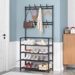 Living and Home Entryway 4 Tier Shoe Rack with Coat Hanger Garment Rack 80cm W in Black - Size: Large - thumbnail 4