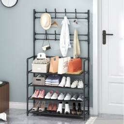 Living and Home Entryway 4 Tier Shoe Rack with Coat Hanger Garment Rack 80cm W in Black - Size: Large - thumbnail 2