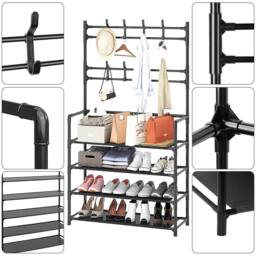 Living and Home Entryway 4 Tier Shoe Rack with Coat Hanger Garment Rack 80cm W in Black - Size: Large - thumbnail 7