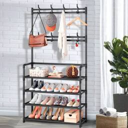 Living and Home Entryway 4 Tier Shoe Rack with Coat Hanger Garment Rack 80cm W in Black - Size: Large - thumbnail 3