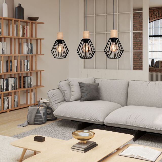 Eglo Palmorla Black Wire Steel & Wood 3 Light Pendant - image 1