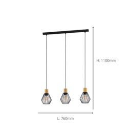 Eglo Palmorla Black Wire Steel & Wood 3 Light Pendant - thumbnail 4