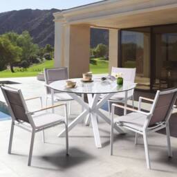 Wyld and Coco 120 cm Round Garden Dining Table Taupe Glass White Powder Coat - thumbnail 1