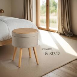 tectake Stool Yara - Round, Padded, With Storage Space, Linen Look in Light Sand - thumbnail 8