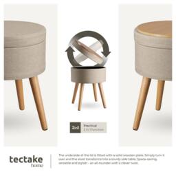 tectake Stool Yara - Round, Padded, With Storage Space, Linen Look in Light Sand - thumbnail 4