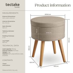 tectake Stool Yara - Round, Padded, With Storage Space, Linen Look in Light Sand - thumbnail 6