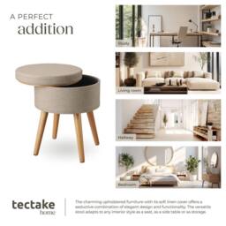 tectake Stool Yara - Round, Padded, With Storage Space, Linen Look in Light Sand - thumbnail 7