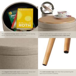 tectake Stool Yara - Round, Padded, With Storage Space, Linen Look in Light Sand - thumbnail 5