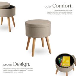 tectake Stool Yara - Round, Padded, With Storage Space, Linen Look in Light Sand - thumbnail 3