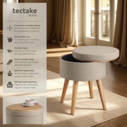 tectake Stool Yara - Round, Padded, With Storage Space, Linen Look in Light Sand - thumbnail 2