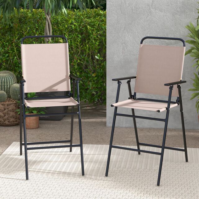 Costway Set of 2 Outdoor Folding Bar Chair Patio Furniture Chair Set W/ Fabric Backrest in Beige - image 1