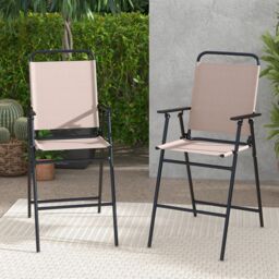 Costway Set of 2 Outdoor Folding Bar Chair Patio Furniture Chair Set W/ Fabric Backrest in Beige - thumbnail 1
