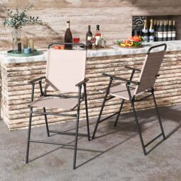Costway Set of 2 Outdoor Folding Bar Chair Patio Furniture Chair Set W/ Fabric Backrest in Beige - thumbnail 2