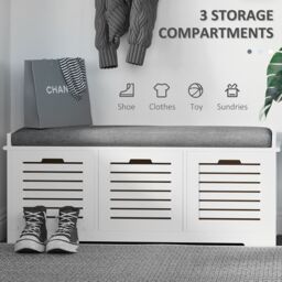 HOMCOM 3 Door Shoe Storage Bench with Cushion Seat Slatted Door Elevated Base in Grey - thumbnail 4