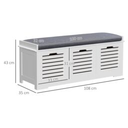 HOMCOM 3 Door Shoe Storage Bench with Cushion Seat Slatted Door Elevated Base in Grey - thumbnail 3