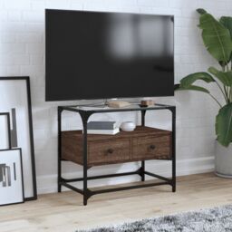 Berkfield Home TV Cabinet with Glass Top Brown Oak 60x35x51 cm Engineered Wood - Size: 60 x 35 x 51 cm
