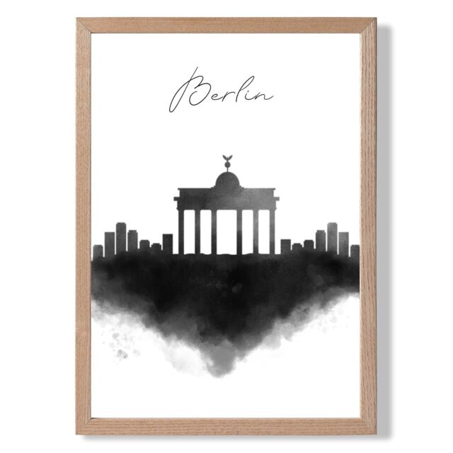 ARTZE Berlin Watercolour Skyline City Framed Print SIZE: A2 with Oak Frame in Black - Size: A4 - image 1