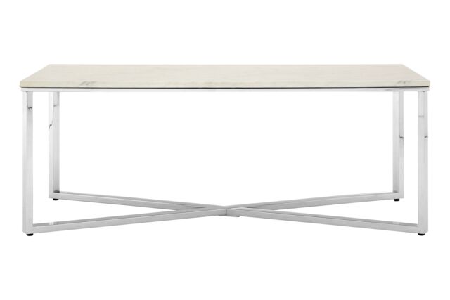 Orsina White Faux Marble Chrome Coffee Table, Contemporary Rectangular Lounge Table with Intersecting Chrome Legs - image 1
