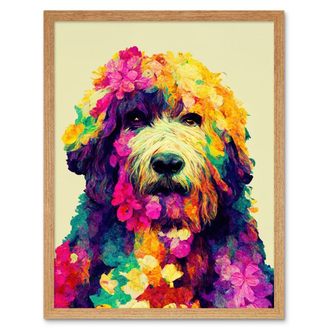 "Artery8 Wall Art Print Colourful Vibrant Floral Labradoodle Dog Abstract Portrait Art Framed in Light Oak - Size: W12"" x H16""" - image 1