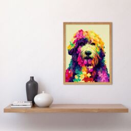 "Artery8 Wall Art Print Colourful Vibrant Floral Labradoodle Dog Abstract Portrait Art Framed in Light Oak - Size: W12"" x H16""" - thumbnail 2