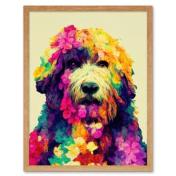 "Artery8 Wall Art Print Colourful Vibrant Floral Labradoodle Dog Abstract Portrait Art Framed in Light Oak - Size: W12"" x H16""" - thumbnail 1