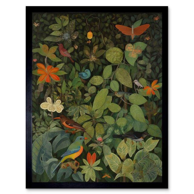"Artery8 Wall Art Print Audubon Style Birds & Insects in Jungle Art Framed in Black - Size: W12"" x H16""" - image 1