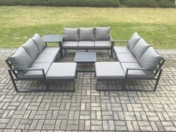 Fimous Aluminium Outdoor Garden Furniture Set Patio Lounge Sofa with Square Coffee Table Side Table 2 Big Footstools Conservatory Set in Dark Grey - thumbnail 2