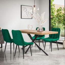 More4Homes Donni Dining Table & Chairs - Oak Effect Table Top w Black Legs + Nova Velvet Dining Chair Set Of 6 in Green