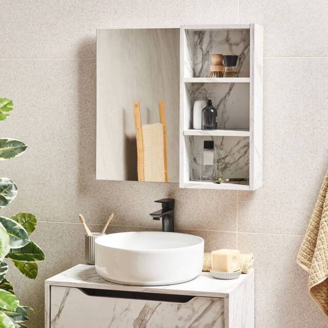 Wyld and Coco White Marble-Effect Wall Cabinet with Mirror W600 x D140 x H540 mm - image 1