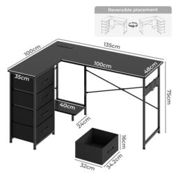 Levede Reversible L-shaped Corner Desk 4 Drawers for Office or Gaming in Black - thumbnail 4