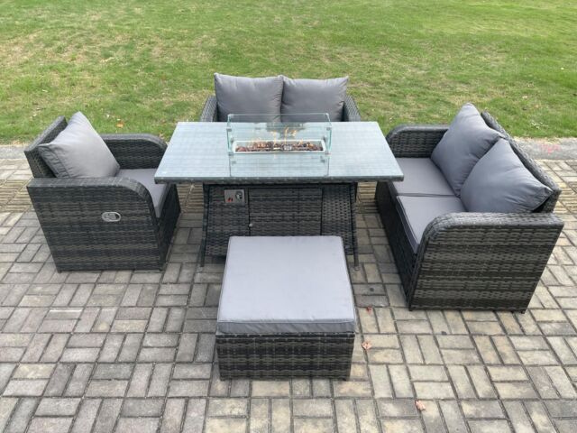 Fimous 6 Seater Rattan Outdoor Garden Furniture Sofa Set Gas Fire Pit Dining Table Gas Heater with Love Sofa Big Footstool in Dark Grey - image 1