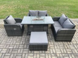 Fimous 6 Seater Rattan Outdoor Garden Furniture Sofa Set Gas Fire Pit Dining Table Gas Heater with Love Sofa Big Footstool in Dark Grey - thumbnail 1