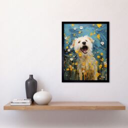 Artery8 Wall Art Print Chasing the Flowers White Terrier in Spring Meadow Thick Paint Oil Painting Blooms Coton de Tulear Art Framed - thumbnail 2