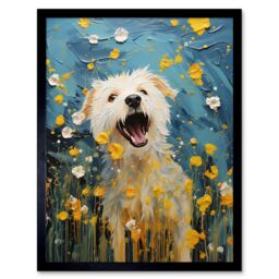 Artery8 Wall Art Print Chasing the Flowers White Terrier in Spring Meadow Thick Paint Oil Painting Blooms Coton de Tulear Art Framed - thumbnail 1