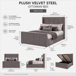 Harmin LUXURY 5ft King Steel Plush Velvet Ottoman SUNSHINE Winged bed in Dark Grey - Size: EU King - thumbnail 2