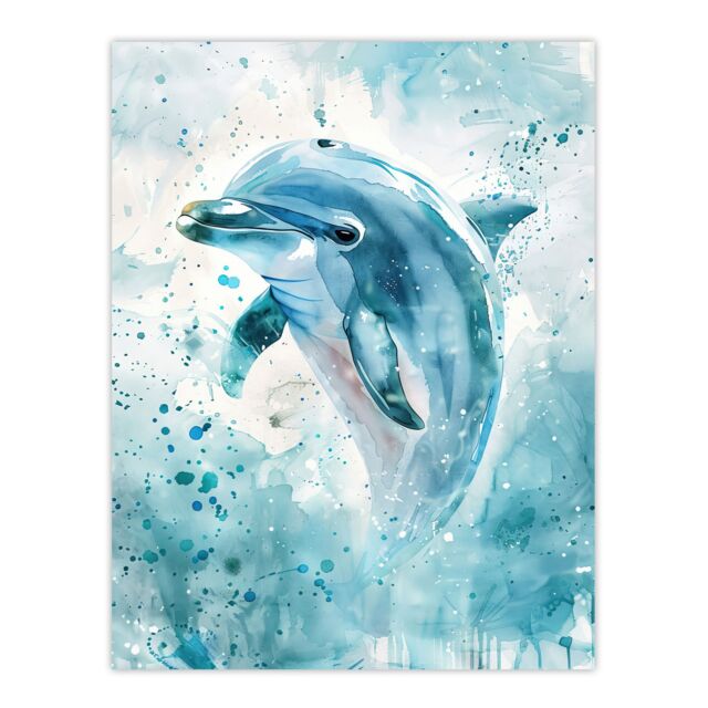 "Artery8 Dolphin Wave Jump Watercolour Light Blue Sea Wall Art Print - Size: W24"" x H32""" - image 1