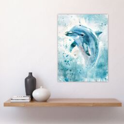 "Artery8 Dolphin Wave Jump Watercolour Light Blue Sea Wall Art Print - Size: W24"" x H32""" - thumbnail 4