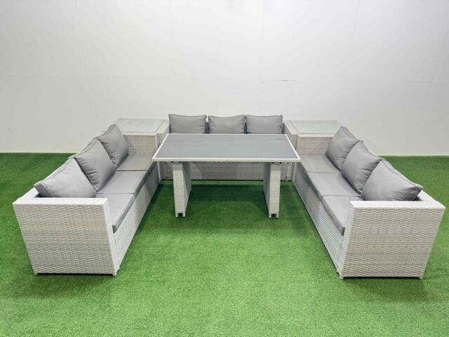 Fimous Patio Outdoor Garden Furniture Sets with Black Glass Top Dining Table in Light Grey