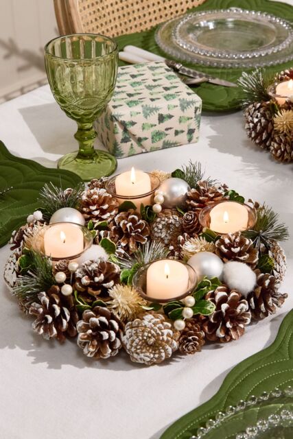 Dibor Silver Round Table Centrepiece Christmas Decoration Candle Holders Tealight Holder 30cm in White - image 1